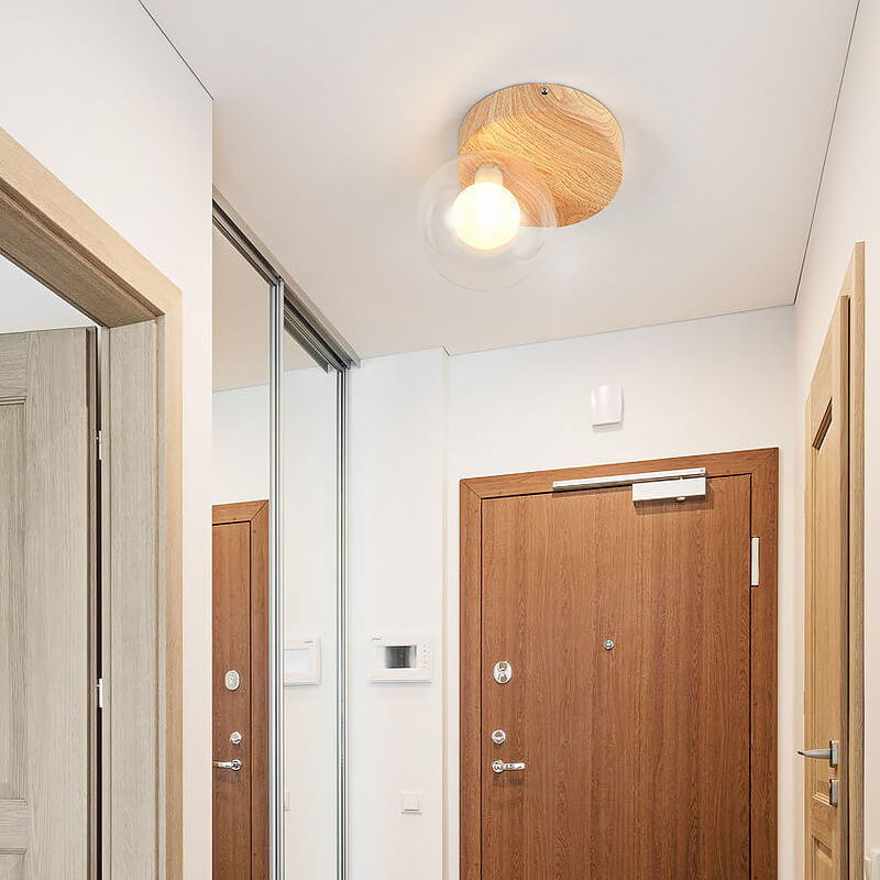 Traditional Japanese Glass Iron Woodgrain Semi-Flush Mount Ceiling Light