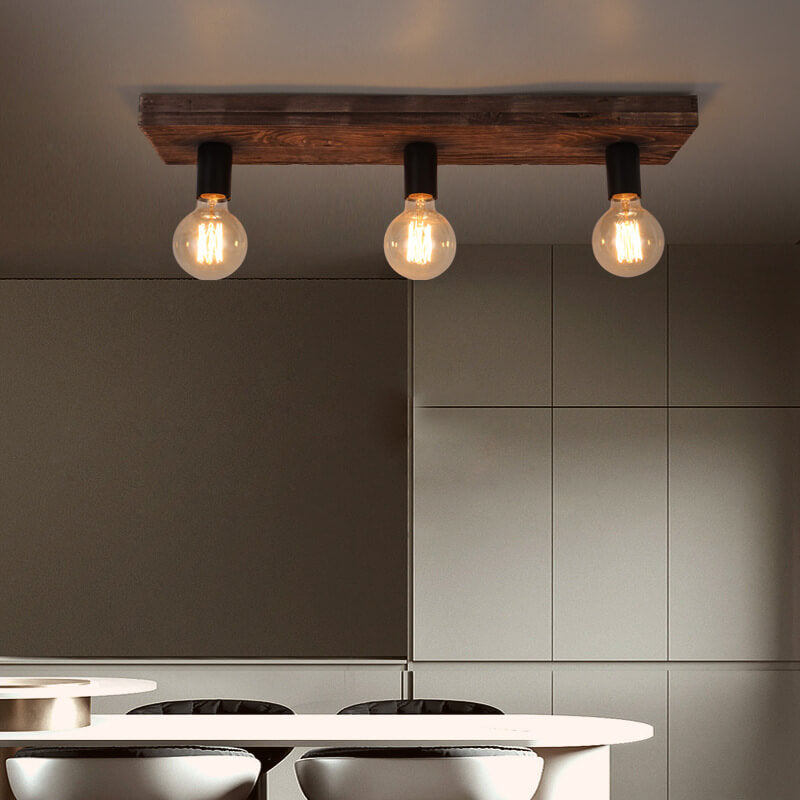 Retro Solid Wood 3-Light Flush Mount Ceiling Light with Glass Lampshade