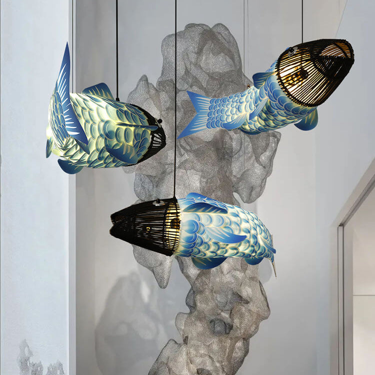 Traditional Chinese Koi Fish Chandelier - Iron PVC Fabric 2/4 Light Dining Room Decor