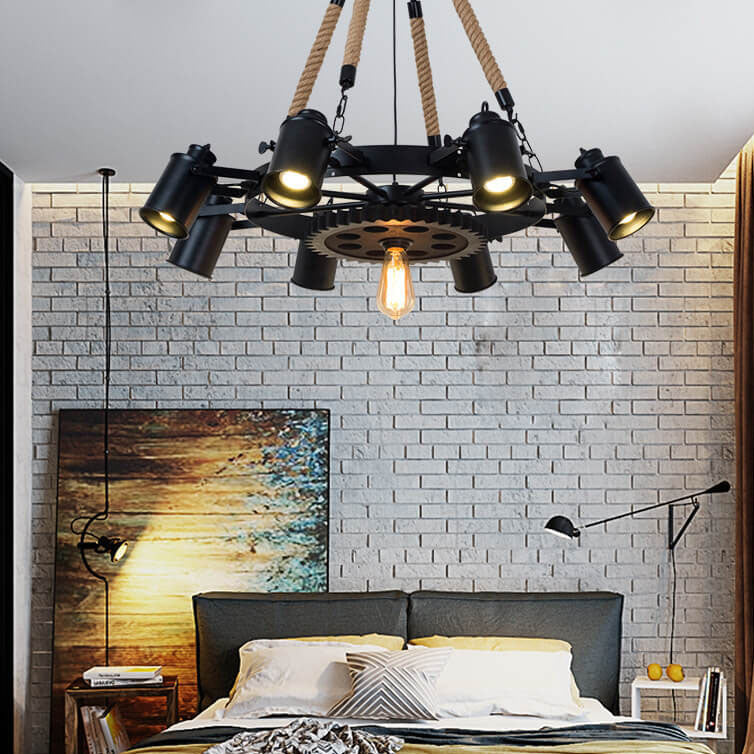 Contemporary Industrial Retro Wrought Iron Hemp Rope Chandelier - 7/9/11 Lights for Living Room