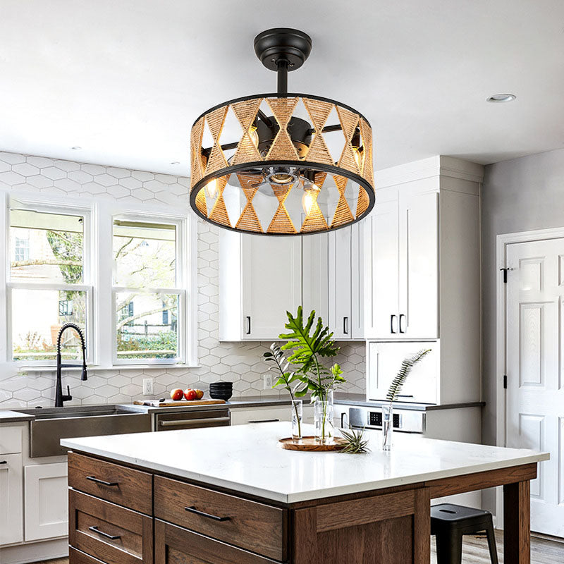 Industrial Hemp Rope Cylinder 4-Light Ceiling Fan Fixture