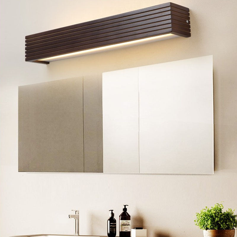Traditional Chinese Striped Wood LED Vanity Mirror Sconce Lamp for Bathroom