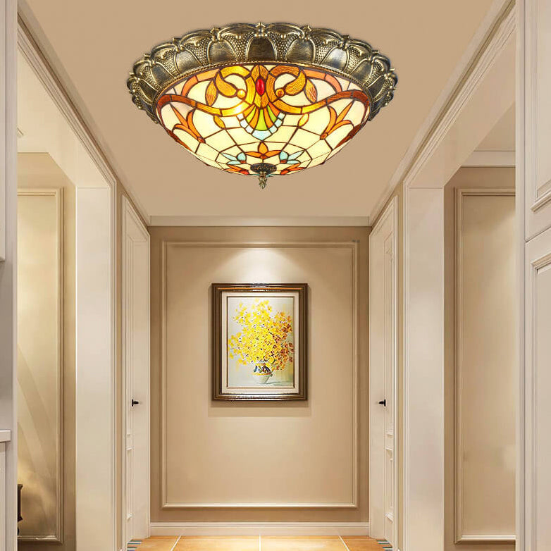 Vintage Tiffany Round Stained Glass LED Flush Mount Light