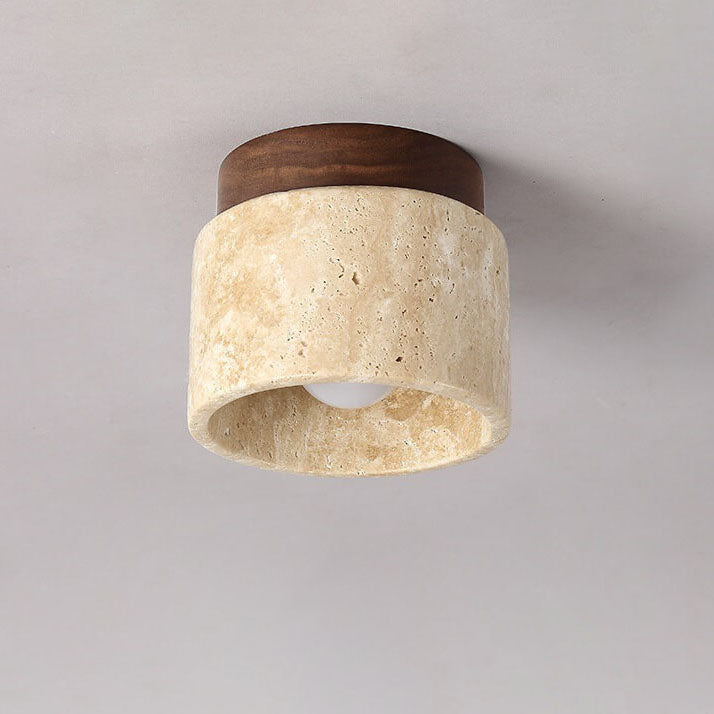 Vintage Round Travertine Flush Mount Ceiling Light - 1-Light Hallway Fixture