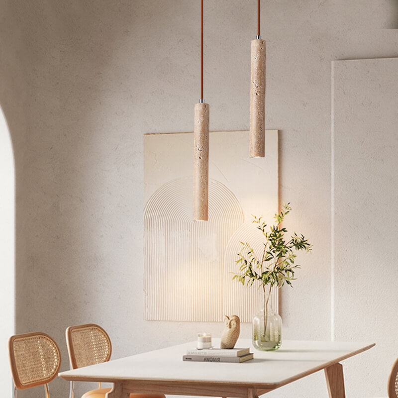 Japanese Wabi Sabi Yellow Travertine Pendant Light | 1-Light Cylinder Design