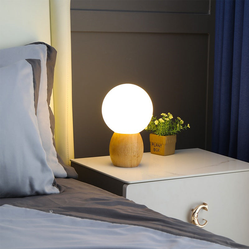 Contemporary Scandinavian Orb Glass Table Lamp - Wood Base 1-Light for Bedroom