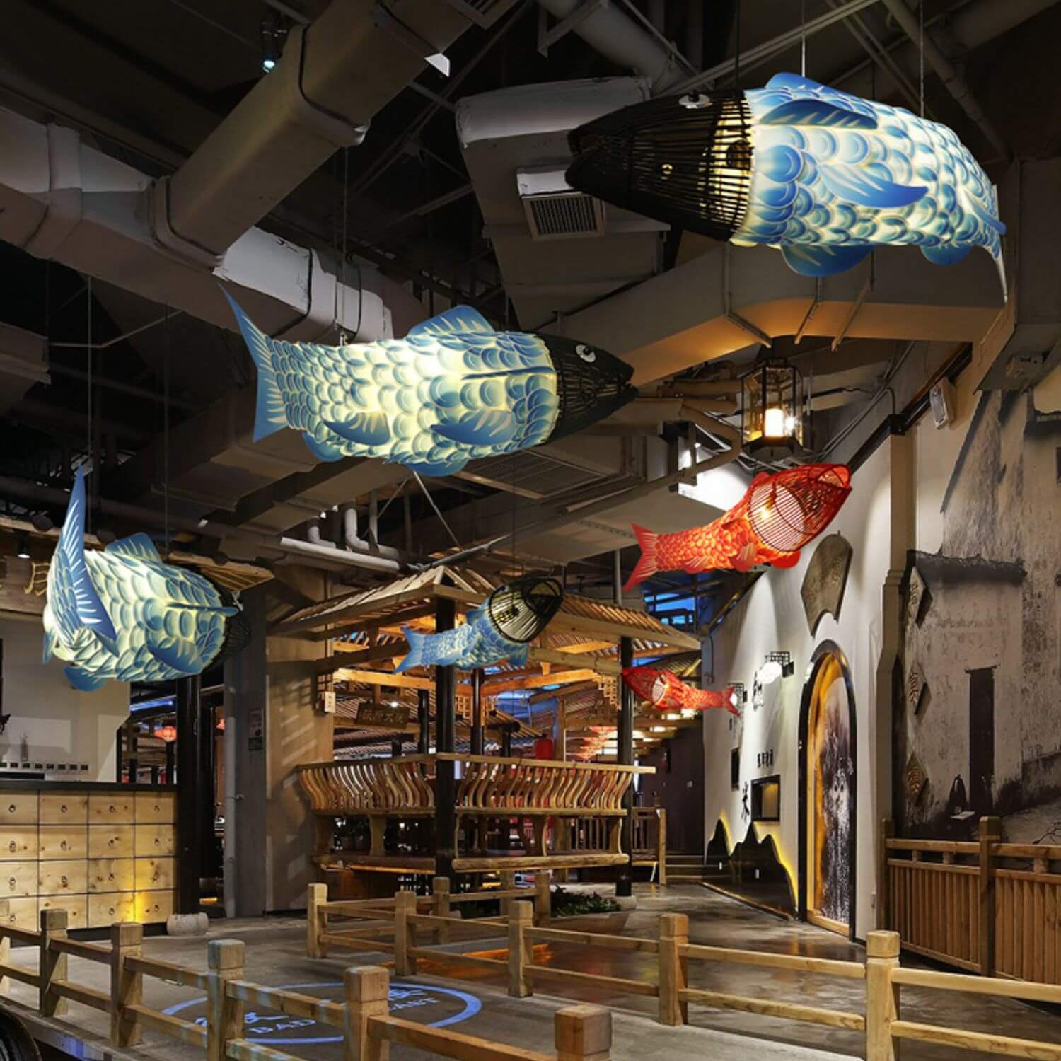 Traditional Chinese Koi Fish Chandelier - Iron PVC Fabric 2/4 Light Dining Room Decor