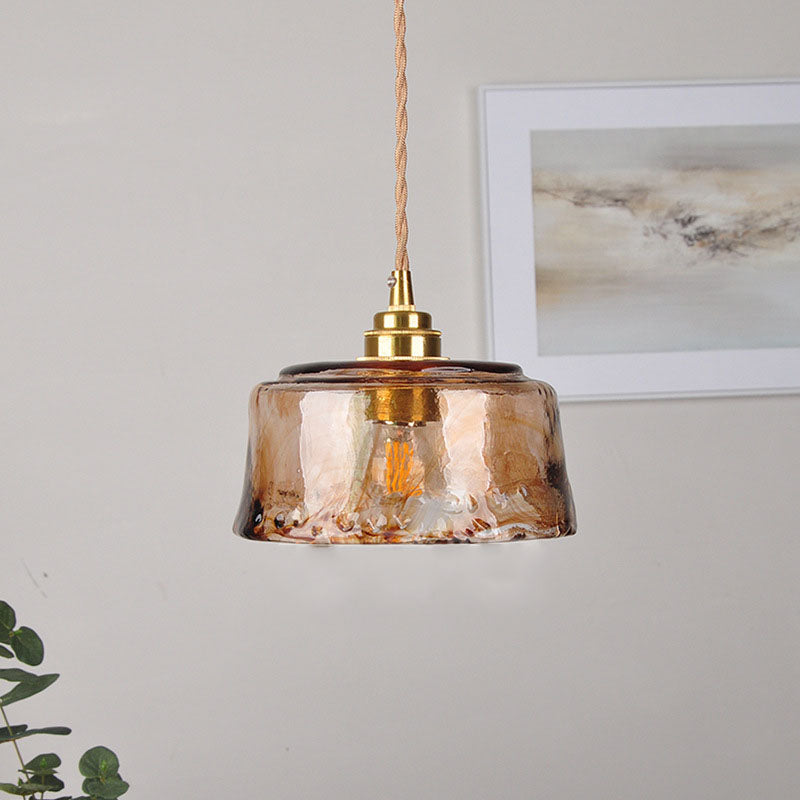 Vintage Amber Drum Glass Pendant Light for Living Room - Brass 1-Light Design