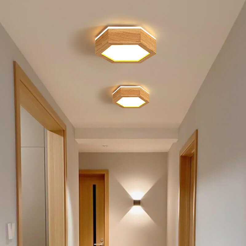 Modern Wooden Hexagonal LED Ceiling Light - Flush Mount Design