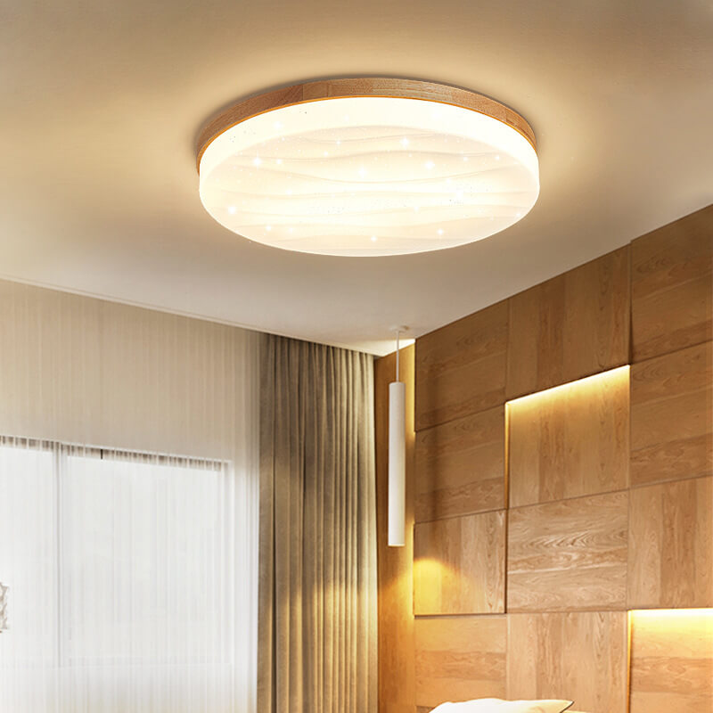 Modern Minimalist Wood Round Shade LED Flush Mount Ceiling Light for Living Room