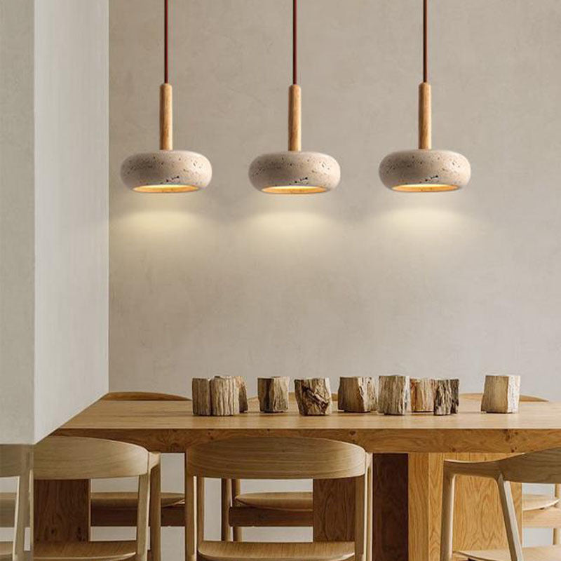 Contemporary Scandinavian Oval Solid Wood Yellow Travertine LED Pendant Light for Living Room