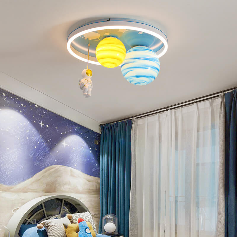 Astronaut Planet Round Kids Flush Mount Ceiling Light - Space Themed Nursery Lighting, Outer Space Decor, Children's Bedroom Fixtures, Astronaut Design Ceiling Lamp, Kids Room Lighting Fixture, Galaxy Ceiling Light for Boys and Girls, Starry Sky Indoor Il