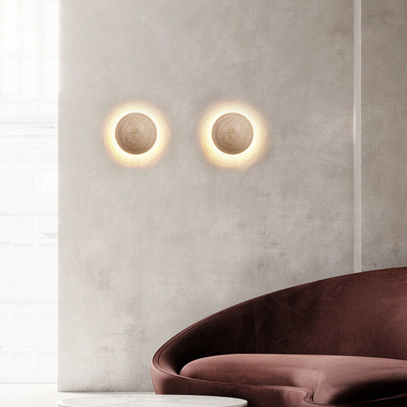 Traditional Japanese Round Yellow Travertine Wabi-Sabi LED Wall Sconce for Hallway