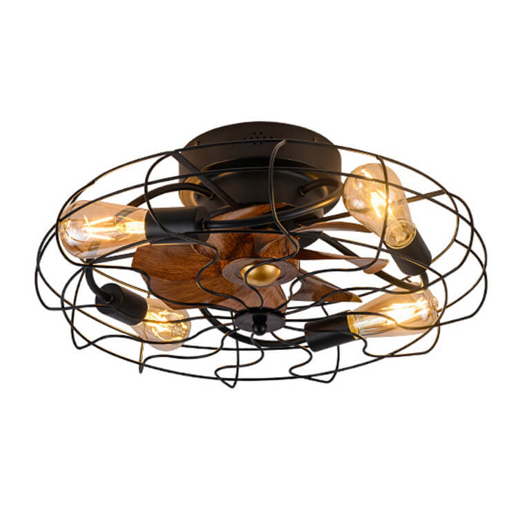 Contemporary Industrial Wood Grain Drum Cage Ceiling Fan Light - 3-Light Flush Mount for Living Room