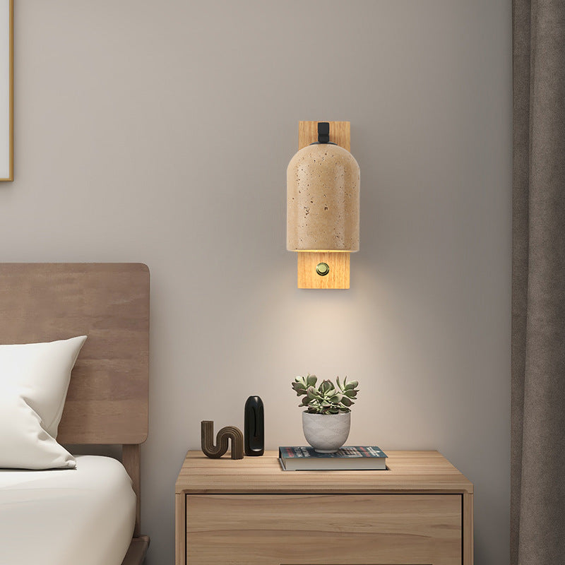 Traditional Japanese Yellow Travertine Wall Sconce Lamp - Solid Wood Base, 1-Light Design for Bedroom