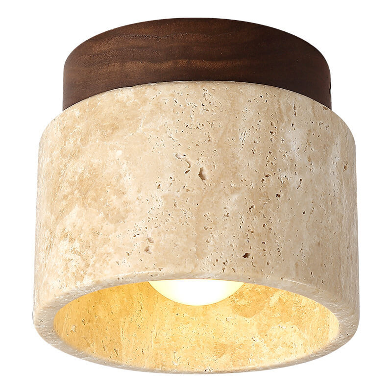 Vintage Round Travertine Flush Mount Ceiling Light - 1-Light Hallway Fixture