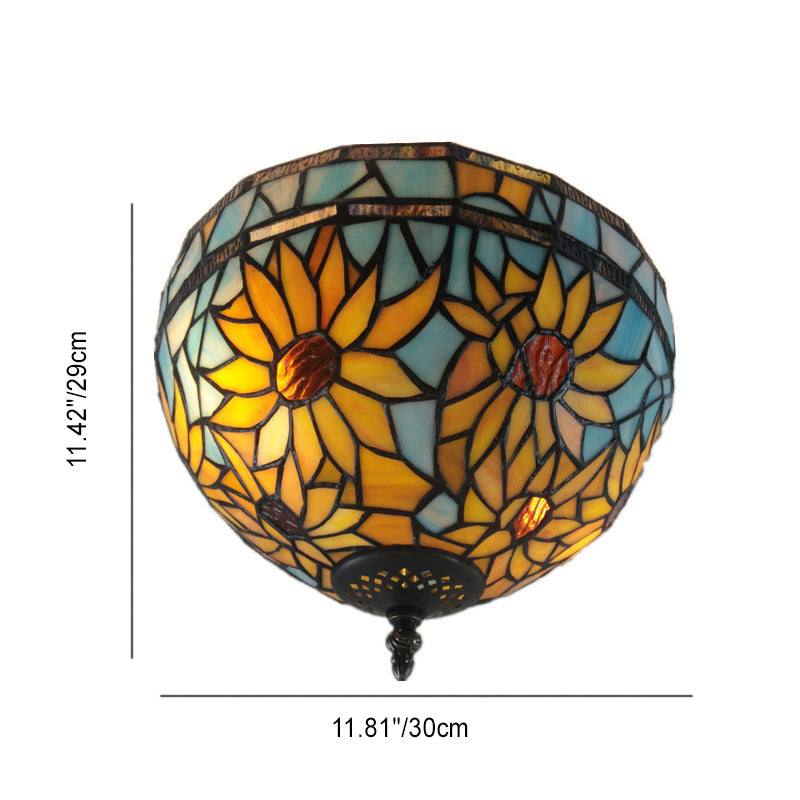 Traditional Tiffany Dome Sunflower Iron Glass Semi-Flush Mount Light - 2-Light Fixture for Hallway