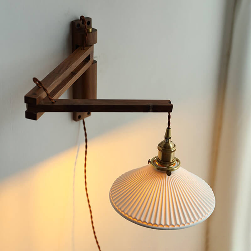 Nordic White Striped Glass Walnut Retractable Wall Sconce Lamp 1-Light