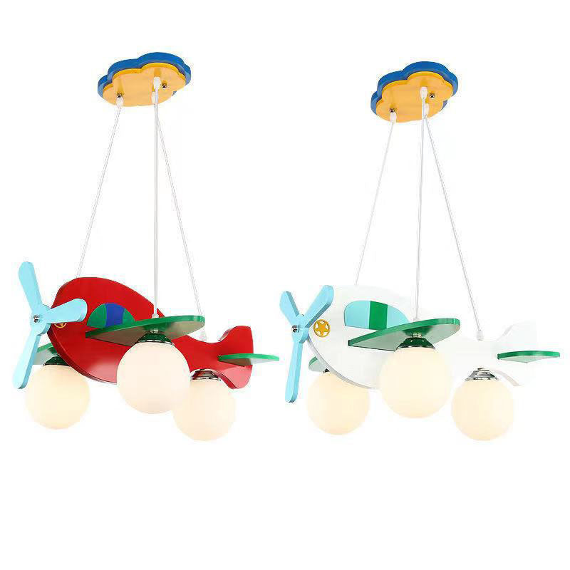 Contemporary Creative Wooden Airplane Glass 3-Light Chandelier for Bedroom Lighting, Unique Kids Room Decor, Modern Aviation Design, Stylish Indoor Ceiling Fixture, Elegant Home Decor, Handcrafted Wood and Glass Pendant Light, Rustic Airplane Themed Light