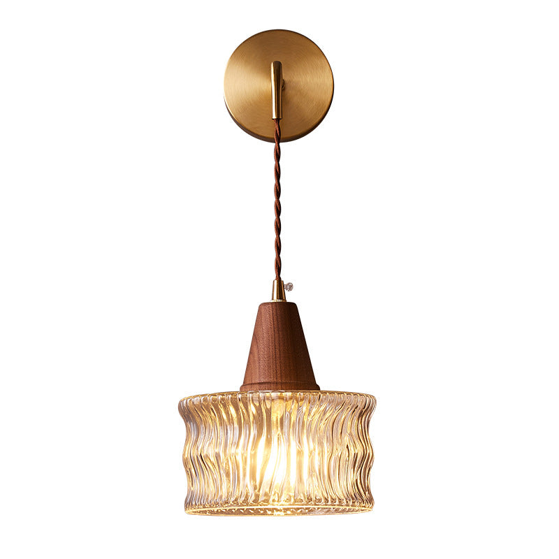 Traditional Japanese Walnut Glass Copper Wall Sconce Lamp 1-Light