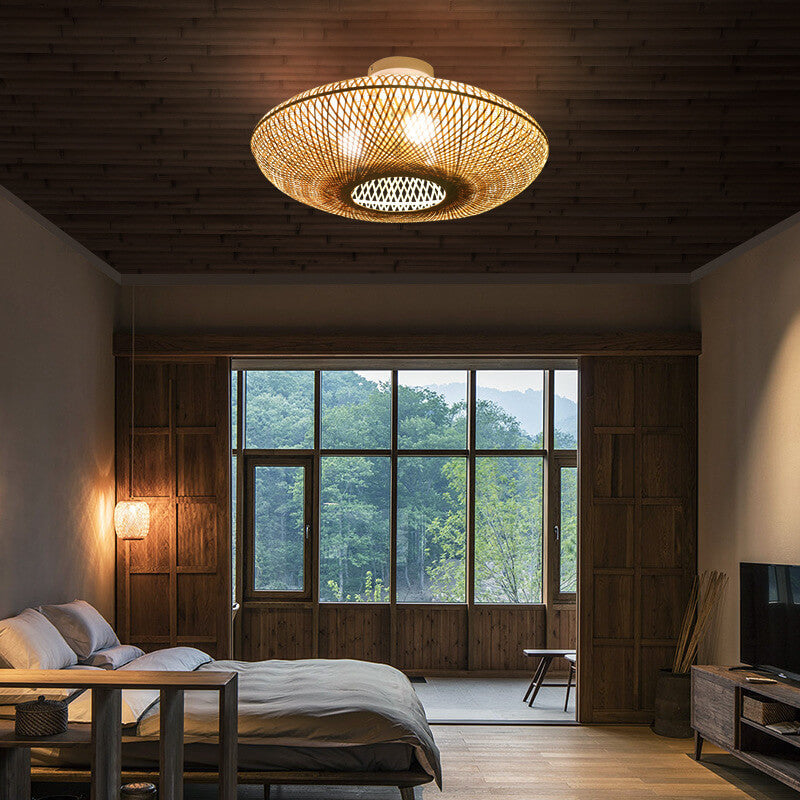 Traditional Japanese Bamboo Weaving Flying Saucer 3-Light Semi-Flush Mount Bedroom Light