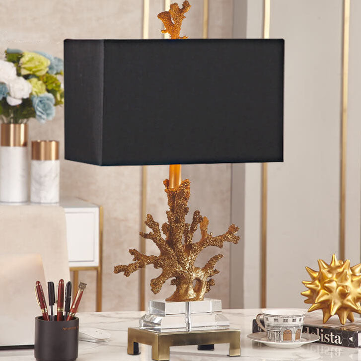 Modern Art Deco Linen Resin Crystal Coral Base 1-Light Table Lamp for Bedroom, Elegant Nightstand Lighting, Contemporary Home Decor, Decorative Bedroom Lighting, Unique Table Lamp Design, Stylish Coral Accent Light, Chic Bedroom Lighting Solution, Art Dec