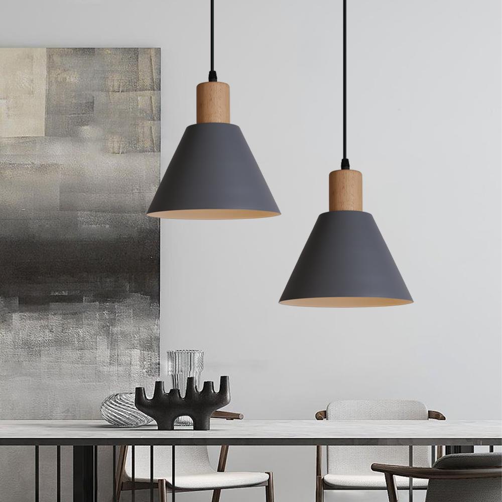 Vintage Iron Solid Wood Round Cone Pendant Light for Living Room