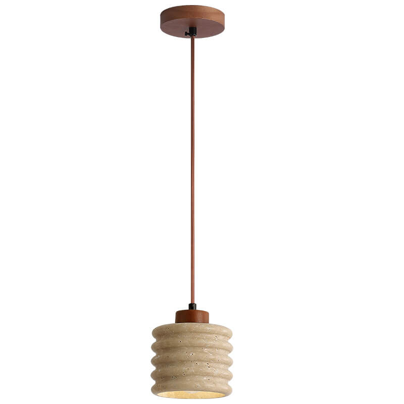 Wabi-Sabi Yellow Travertine Cylinder Pendant Light - Wood 1-Light Lampshade
