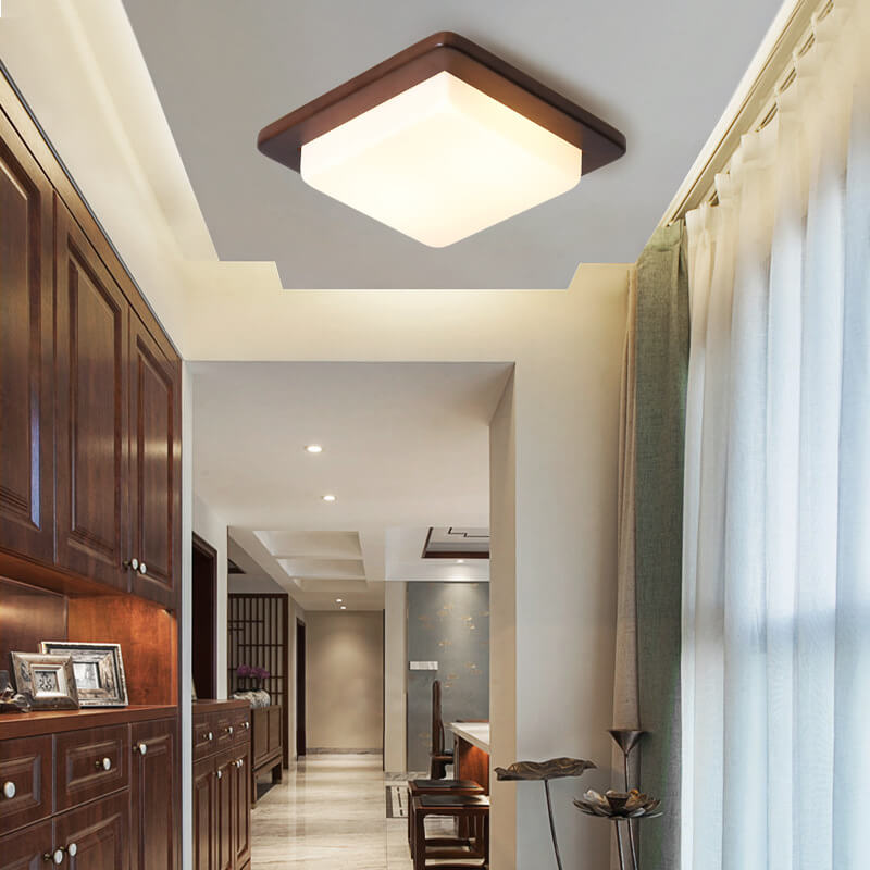 Modern Chinese Walnut Square LED Ceiling Light Fixture