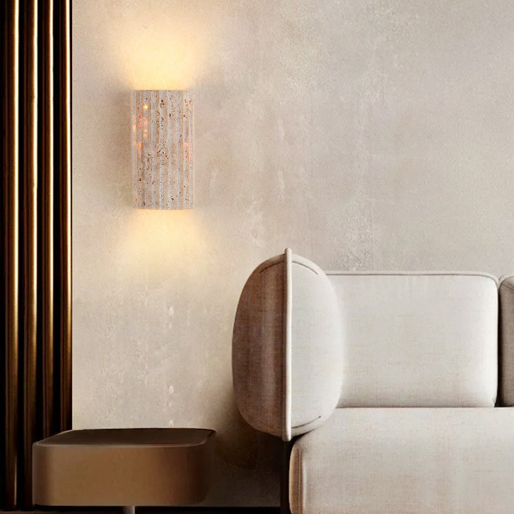 Traditional Japanese Striped Beige Travertine Semicircle LED Wall Sconce for Living Room - Waterproof Decor Lighting