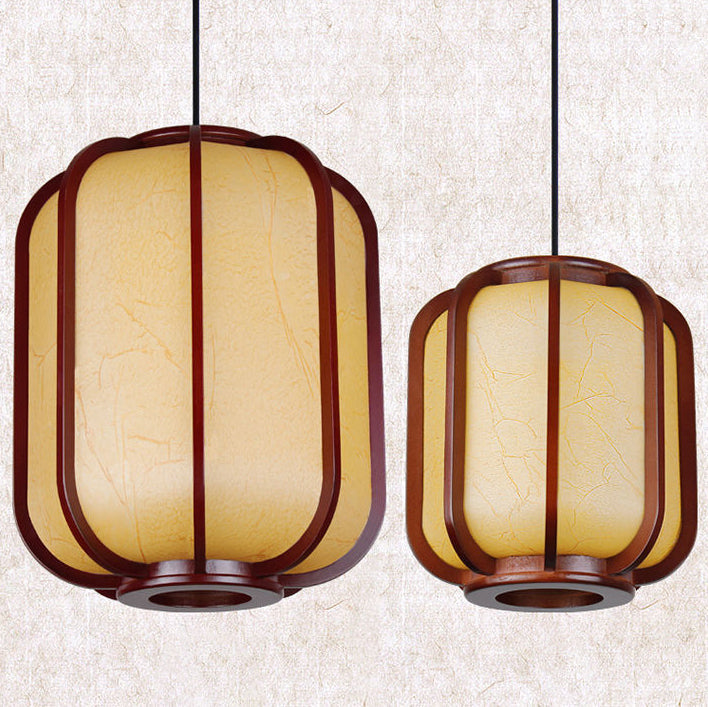 Traditional Chinese Faux Sheepskin Wooden Lantern Pendant Light - 1-Light for Living Room