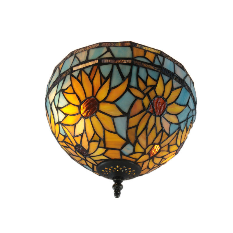 Traditional Tiffany Dome Sunflower Iron Glass Semi-Flush Mount Light - 2-Light Fixture for Hallway