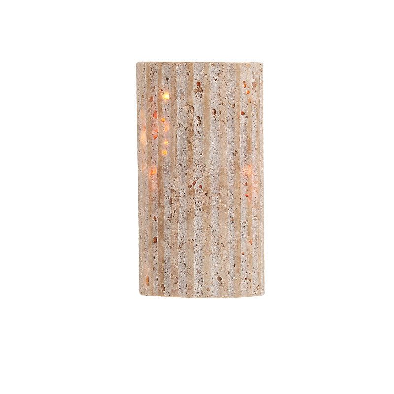 Traditional Japanese Striped Beige Travertine Semicircle LED Wall Sconce for Living Room - Waterproof Decor Lighting
