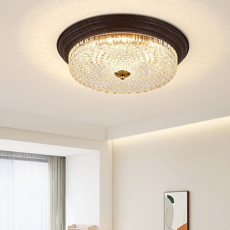 Vintage Round Crystal Glass LED Flush Mount Ceiling Light - Wooden Grain Design for Living Room