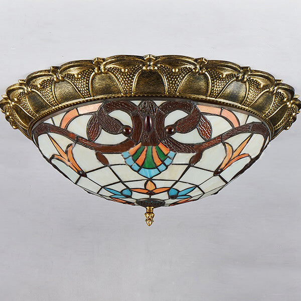 Vintage Tiffany Round Stained Glass LED Flush Mount Light
