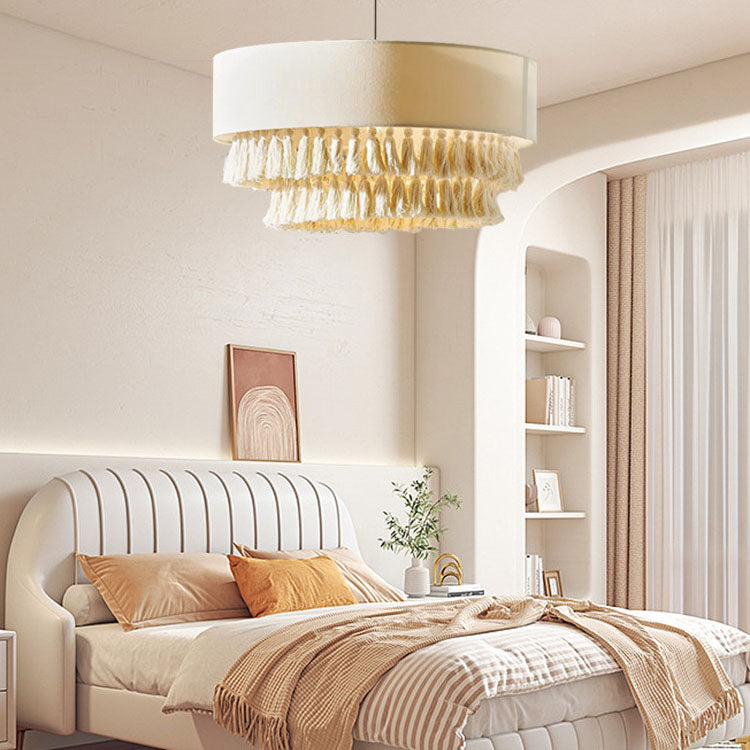 Contemporary Boho 3-Light Chandelier - Fabric Shade with Tassel & Braided Rope for Living Room