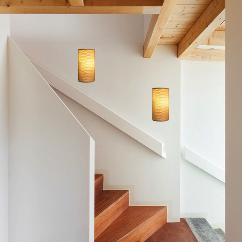 Traditional Japanese Bamboo Wall Sconce Lamp - Semicircular Cylinder, 2-Light for Bedside Lighting