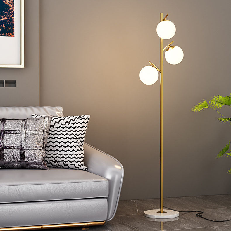 Contemporary Scandinavian Orb Pillar Floor Lamp - 3-Light Metal & Marble Glass for Living Room
