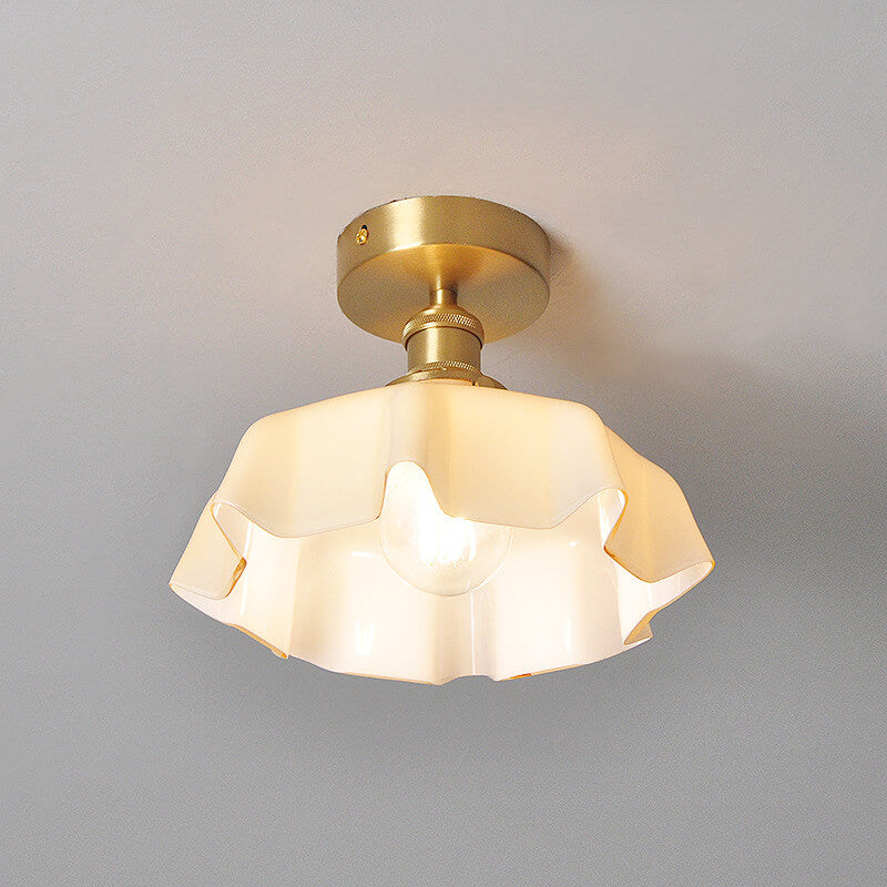 Japanese Vintage Cream Glass Floral Brass Semi-Flush Mount Ceiling Light