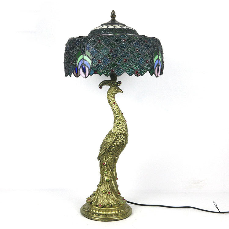 Tiffany Peacock Gem Glass Resin Table Lamp - 1-Light for Living Room & Bedroom