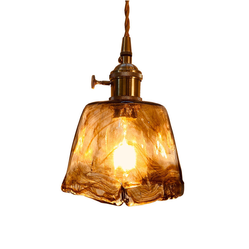 Vintage Amber Glass Brass Pendant Light 1-Light Ceiling Fixture