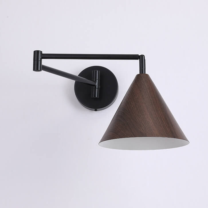 Contemporary Nordic Cone Swing Arm Wall Sconce - Wood Grain Iron 1-Light Lamp for Bedroom