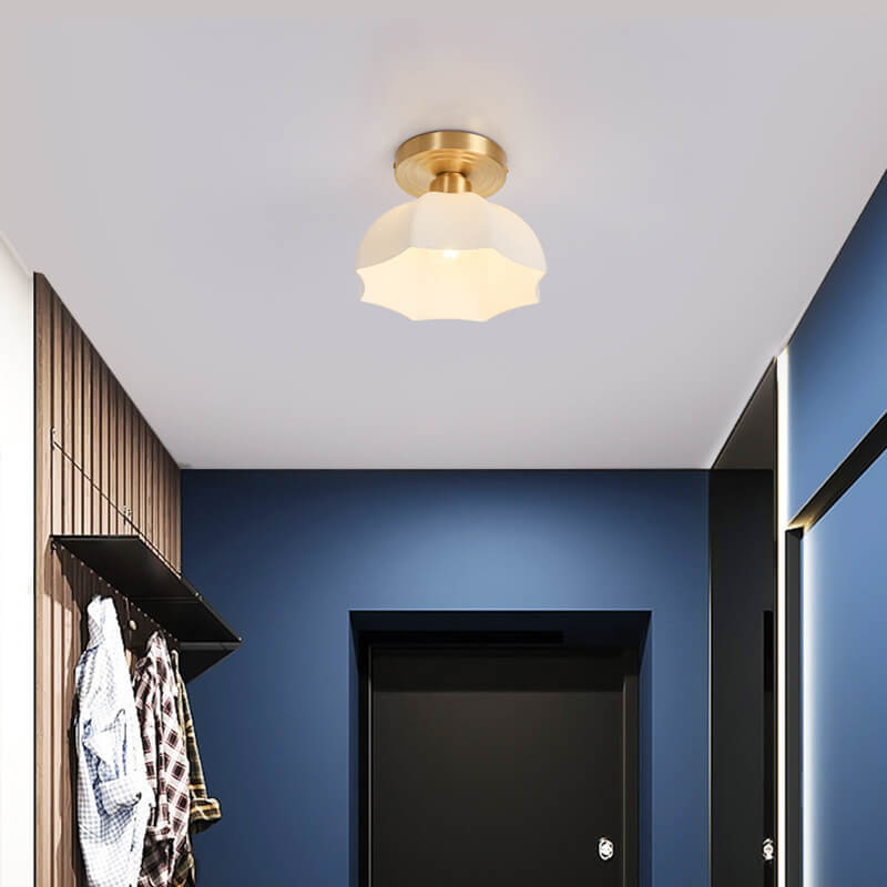 Japanese Vintage Brass Glass Dome Semi-Flush Mount Ceiling Light