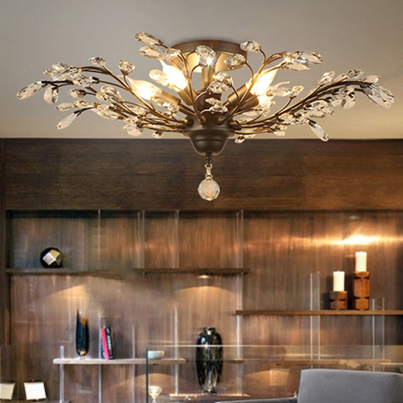 Traditional European Iron Crystal Semi-Flush Mount Ceiling Light - 4/5/6 Lights for Living Room
