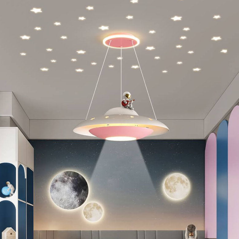 Modern Creative Flying Saucer Space Astronaut Children LED Chandelier Lighting Fixture for Kids Room Bedroom Playroom Nursery Unique Design for Child’s Space Theme Decor Stylish Ceiling Lamp for Kids Birthday Gift Astronaut Decor LED Lighting Kids Fixture