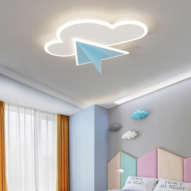 Creative Cartoon Clouds Airplane LED Kids Flush Mount Ceiling Light for Nursery, Playroom, Modern Child's Bedroom, Unique Sky Themed Lighting, Adorable Children's Room Decor, Energy Efficient Lighting Fixture, Fun Airplane and Cloud Design, Safe for Kids