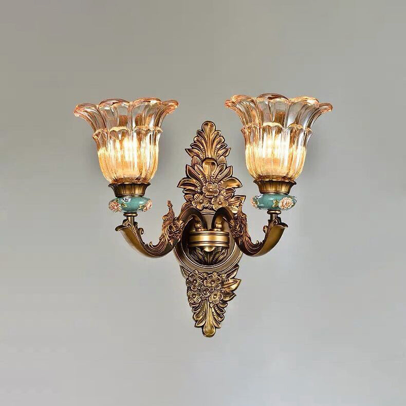 Traditional European Resin Zinc Alloy Glass Flower Wall Sconce for Living Room