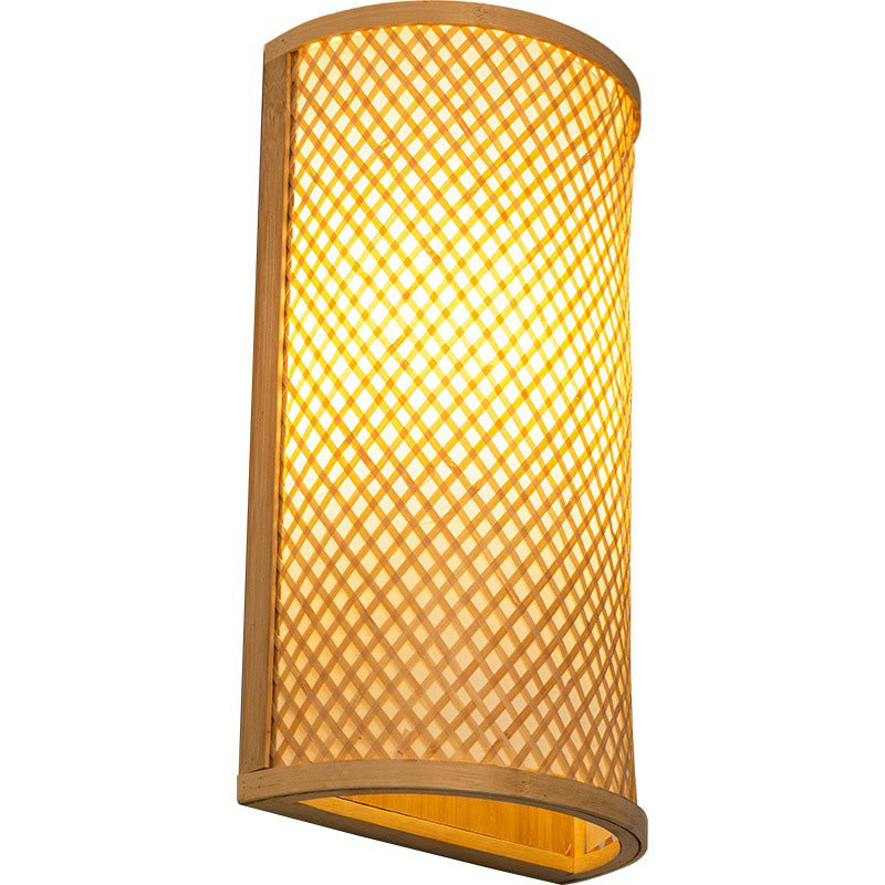 Traditional Japanese Bamboo Wall Sconce Lamp - Semicircular Cylinder, 2-Light for Bedside Lighting