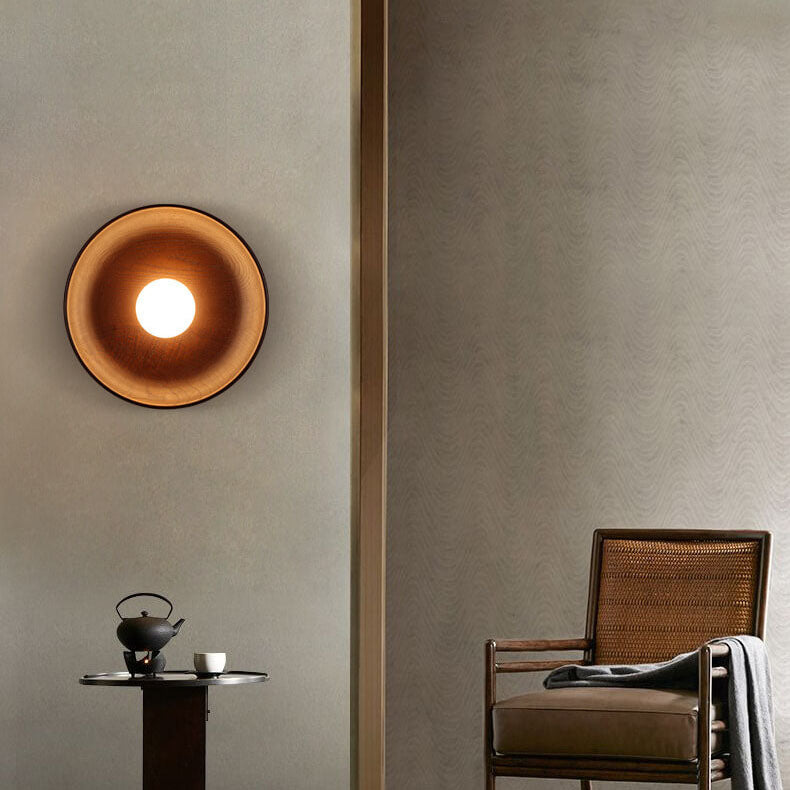Modern Minimalist Round Wood Wall Sconce Lamp - 1-Light Design, Rustic Home Lighting, Elegant Fixture for Living Room, Bedroom, and Hallway