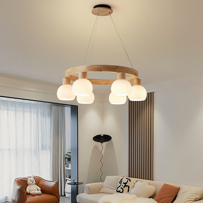 Modern Japanese Log Ring Textured Glass Globe Chandelier - 3/6/9 Light Pendant Fixture for Dining Room, Living Room, and Entryway Lighting